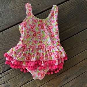 Nicole Miller Girls Floral Pom-Pom Ruffle One-Piece Swimsuit - Pink Size 5
